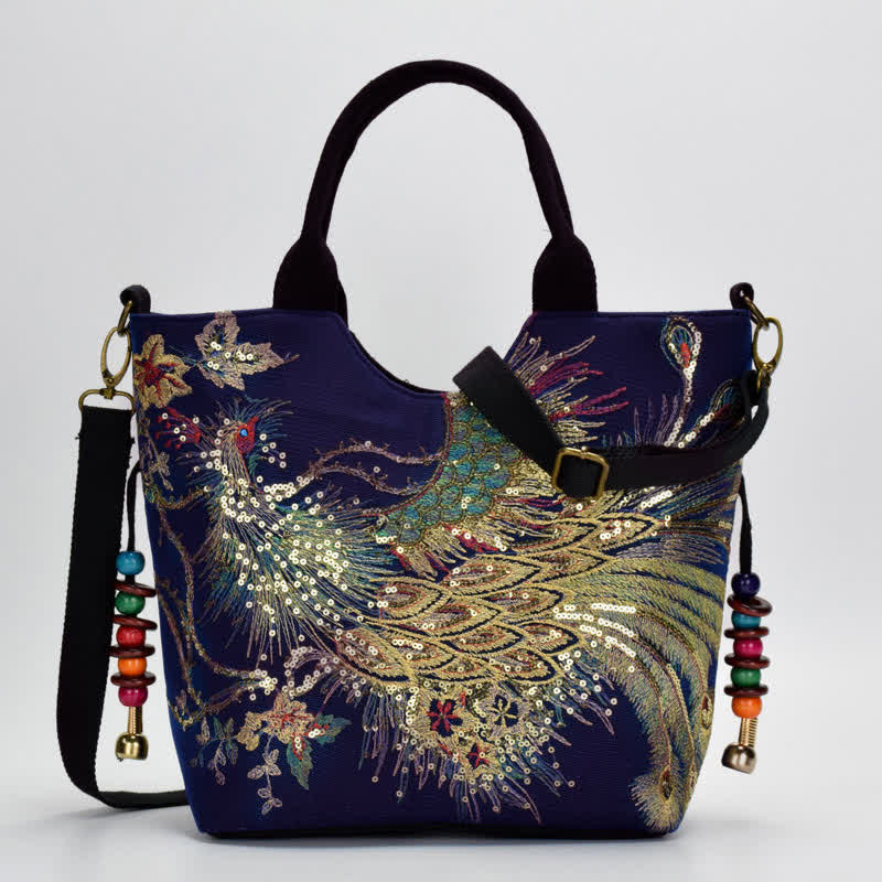 Sac cabas brodé double face avec motif de paon et Buddha Stones, sac bandoulière - image 3