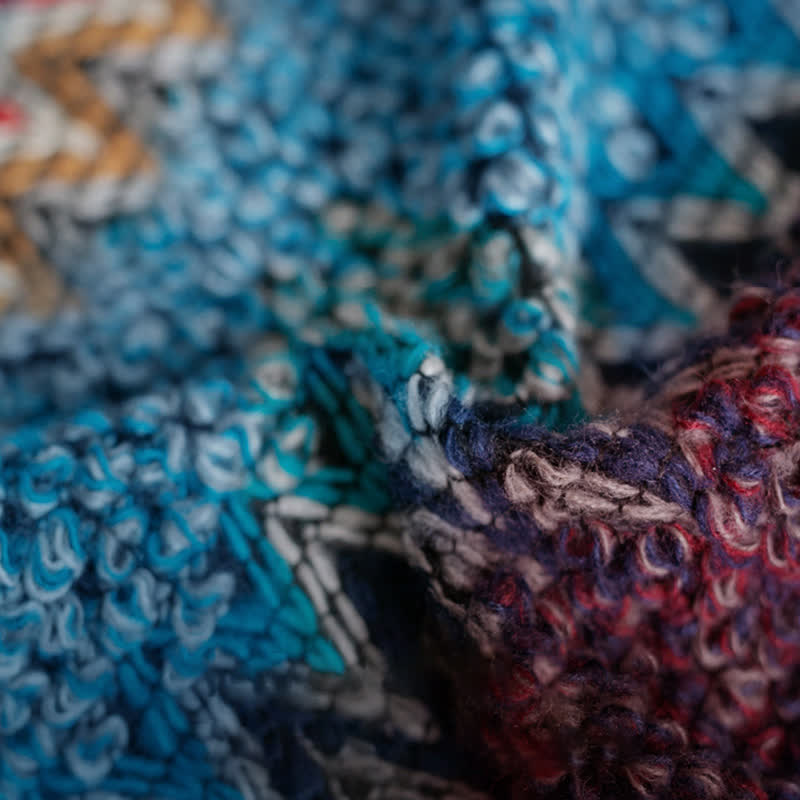 Châle tibétain en Buddha Stones , bleu, beige et rouge, motif ondulé, écharpe chaude d'hiver à pompons - image 9