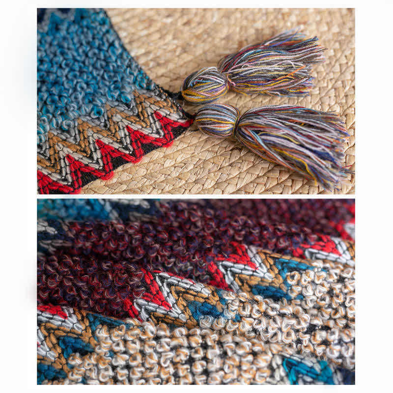 Châle tibétain en Buddha Stones , bleu, beige et rouge, motif ondulé, écharpe chaude d'hiver à pompons - image 11