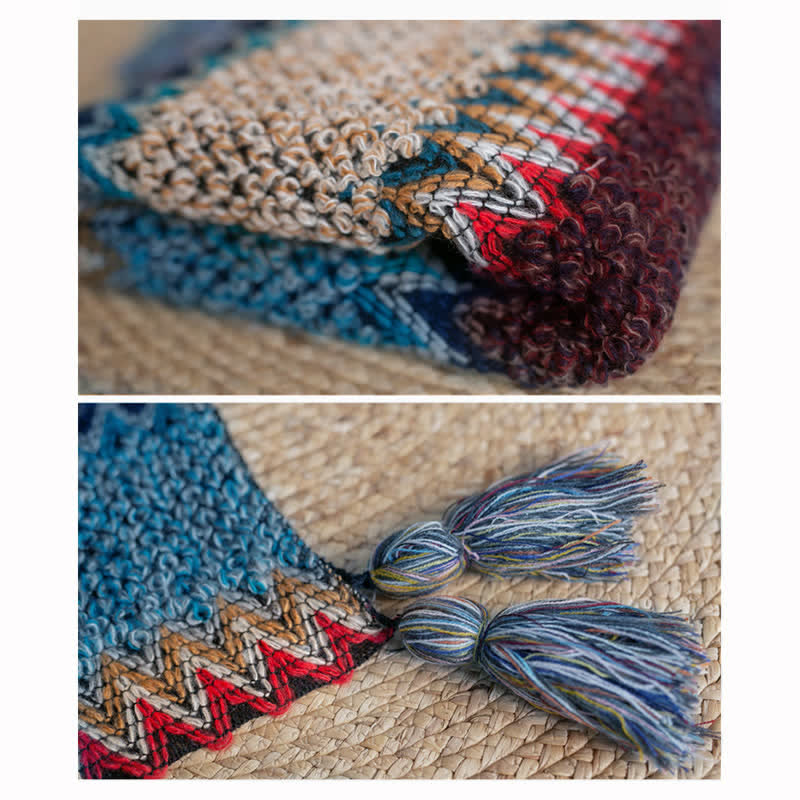 Châle tibétain en Buddha Stones , bleu, beige et rouge, motif ondulé, écharpe chaude d'hiver à pompons - image 10