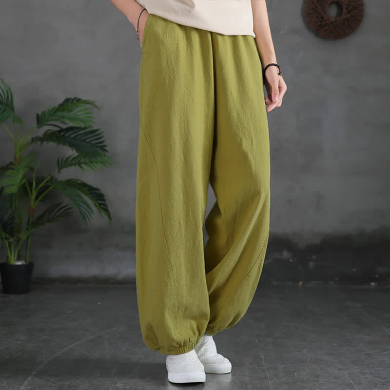 Pantalon pour femme en lin et coton ramie uni couleur Buddha Stones avec poches - JauneVert - US6，UK/AU10，EU38 (L) - image 19