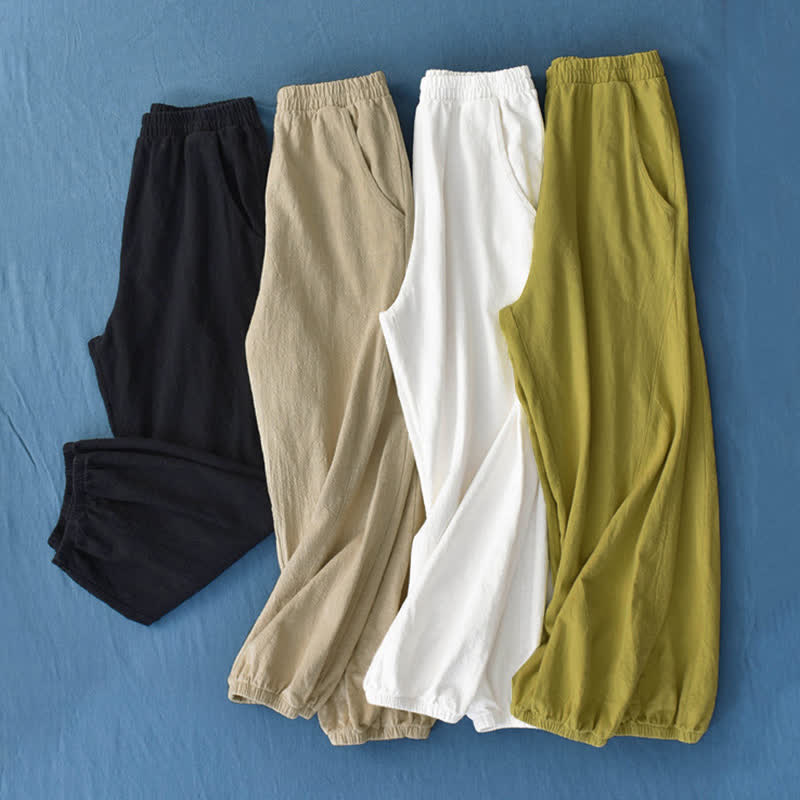 Pantalon pour femme en lin et coton ramie uni couleur Buddha Stones avec poches - image 1
