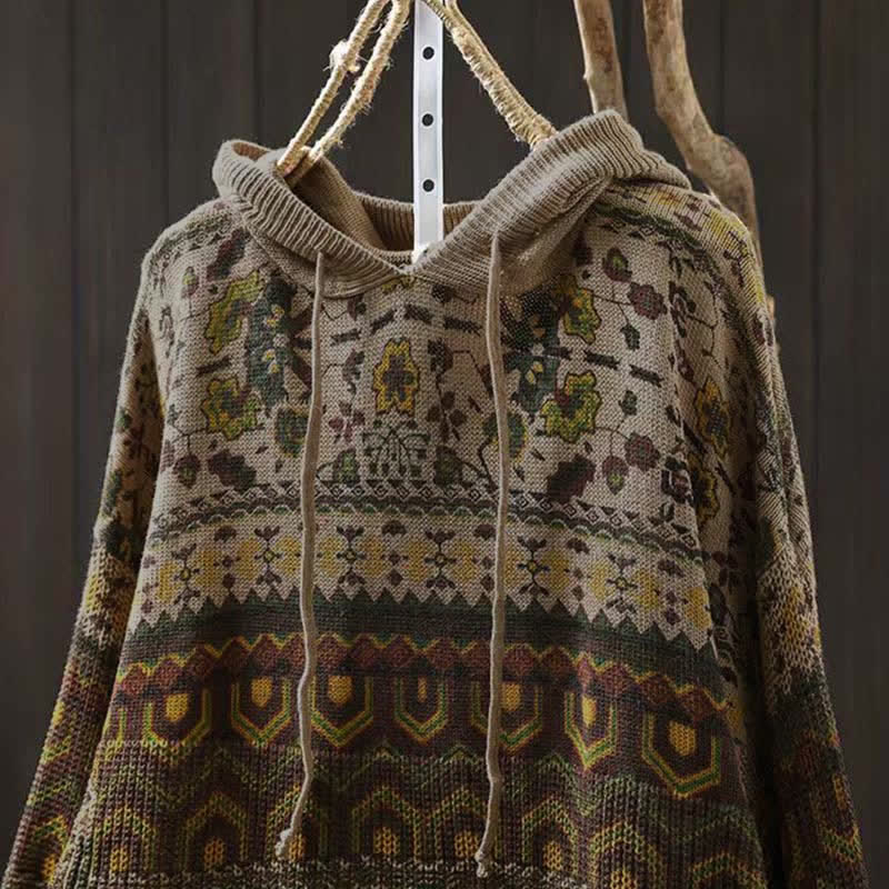 Sweat à capuche tricoté à manches longues pour femme, en coton, à rayures géométriques et fleurs, motif Buddha Stones Fall - image 1