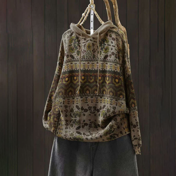 Sweat à capuche tricoté à manches longues pour femme, en coton, à rayures géométriques et fleurs, motif Buddha Stones Fall - Beige - US4-6，UK/AU8-10，EU36-38 (F) - image 0