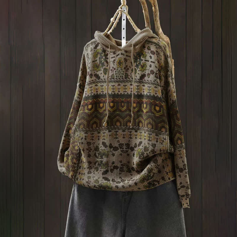 Sweat à capuche tricoté à manches longues pour femme, en coton, à rayures géométriques et fleurs, motif Buddha Stones Fall - Beige - US4-6，UK/AU8-10，EU36-38 (F) - image 0