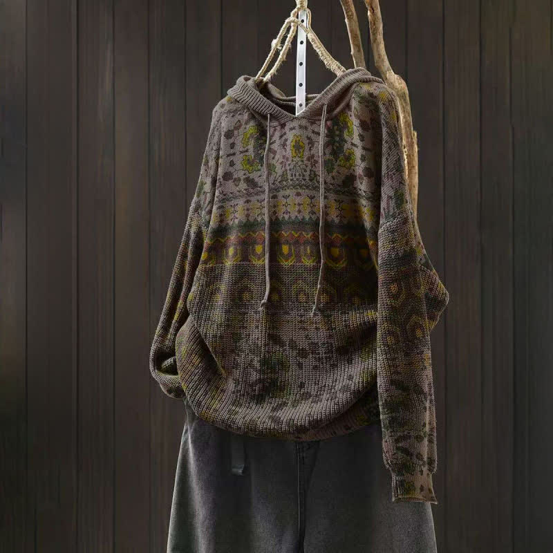 Sweat à capuche tricoté à manches longues pour femme, en coton, à rayures géométriques et fleurs, motif Buddha Stones Fall - DarkKhaki - US4-6，UK/AU8-10，EU36-38 (F) - image 12