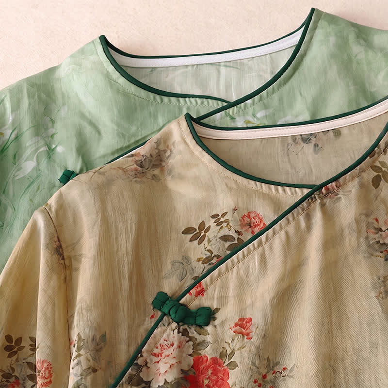 Buddha Stones Chemises à manches longues pour femmes, style vintage printemps-été, à boutons grenouille et motifs floraux - image 20