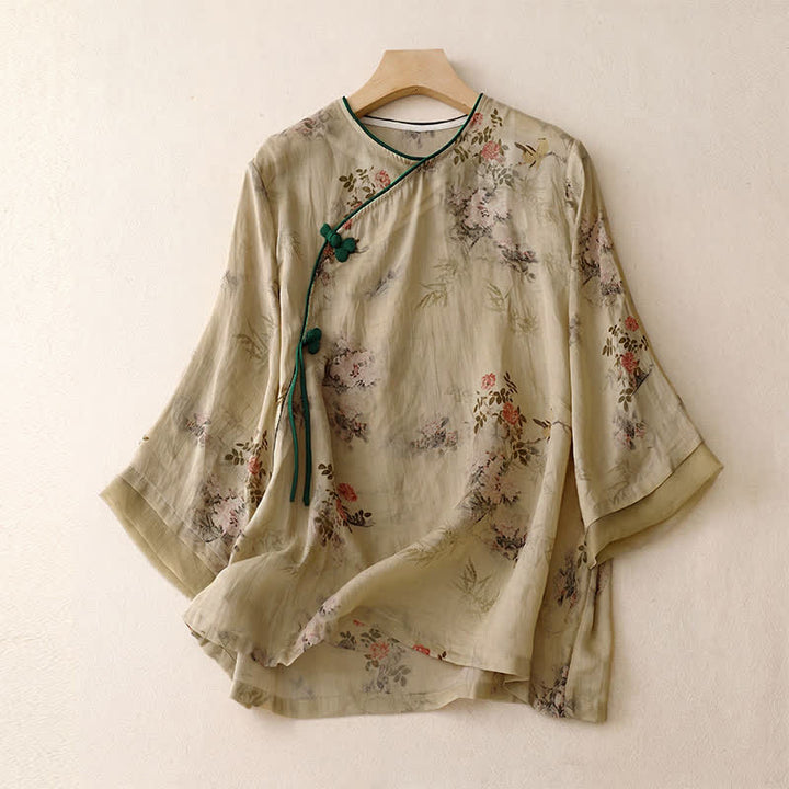 Buddha Stones Chemises à manches longues pour femmes, style vintage printemps-été, à boutons grenouille et motifs floraux - Tanné - US8-10, UK/AU12-14, EU40-42 (2XL) - image 0