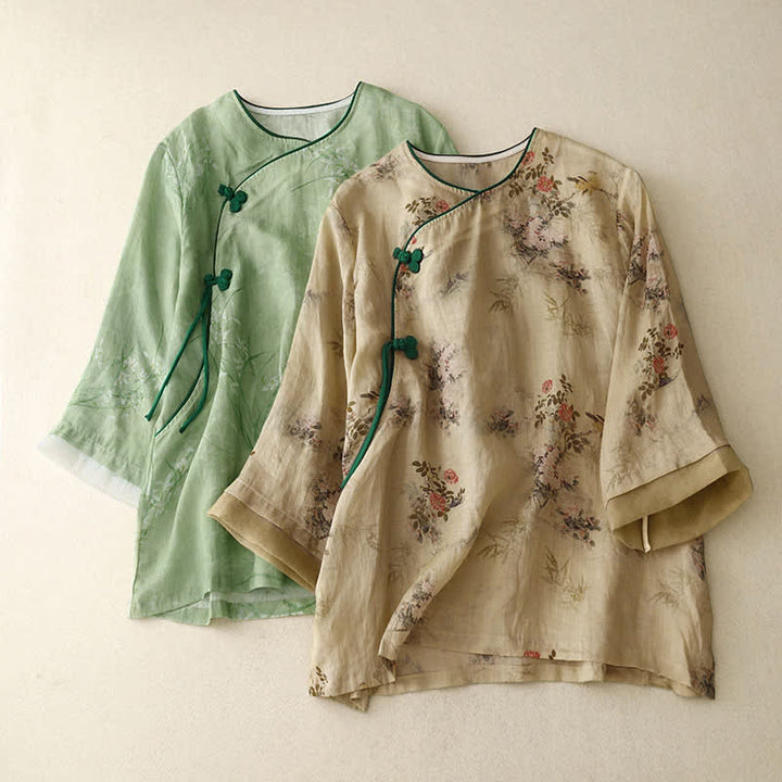 Buddha Stones Chemises à manches longues pour femmes, style vintage printemps-été, à boutons grenouille et motifs floraux - image 18