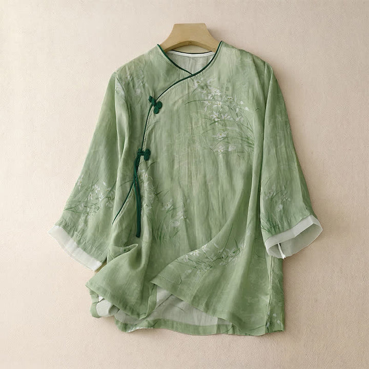 Buddha Stones Chemises à manches longues pour femmes, style vintage printemps-été, à boutons grenouille et motifs floraux - Vert clair - US8-10, UK/AU12-14, EU40-42 (2XL) - image 10