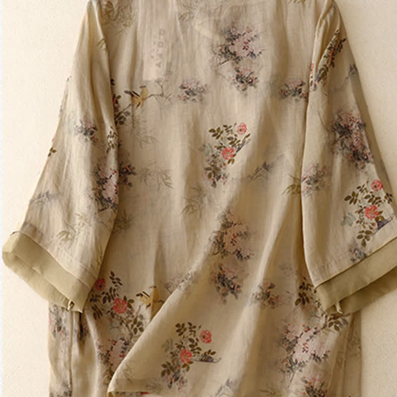 Buddha Stones Chemises à manches longues pour femmes, style vintage printemps-été, à boutons grenouille et motifs floraux - image 1