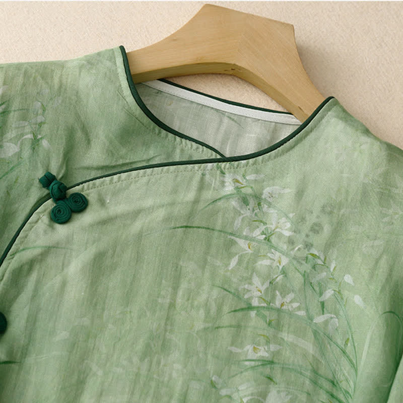 Buddha Stones Chemises à manches longues pour femmes, style vintage printemps-été, à boutons grenouille et motifs floraux - image 12