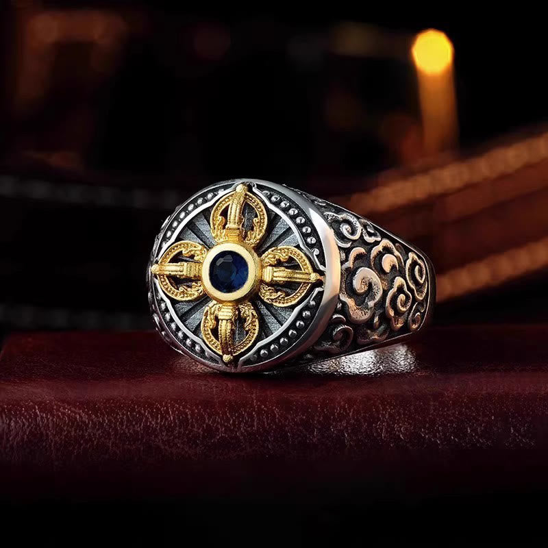 Bague d'équilibre réglable en cuivre avec motif de croix tibétaine Vajra et nuages ​​de bon Buddha Stones - Cuivre - Réglable - image 0
