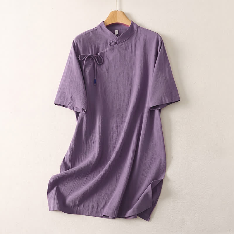 Buddha Stones Robes d'été décontractées pour femmes, style Tang, col mandarin, manches courtes, unies - Violet moyen - US14, UK/AU18, EU46 (2XL) - image 3