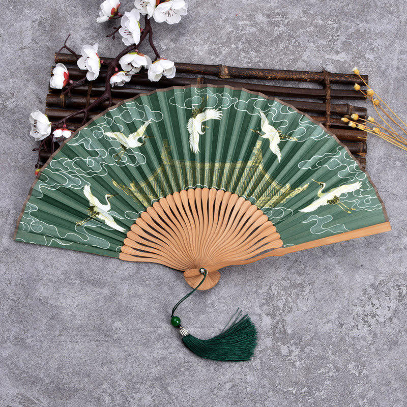 Éventail pliant en bambou à motif de grue nuageuse vintage Buddha Stones - Vert foncé - image 1