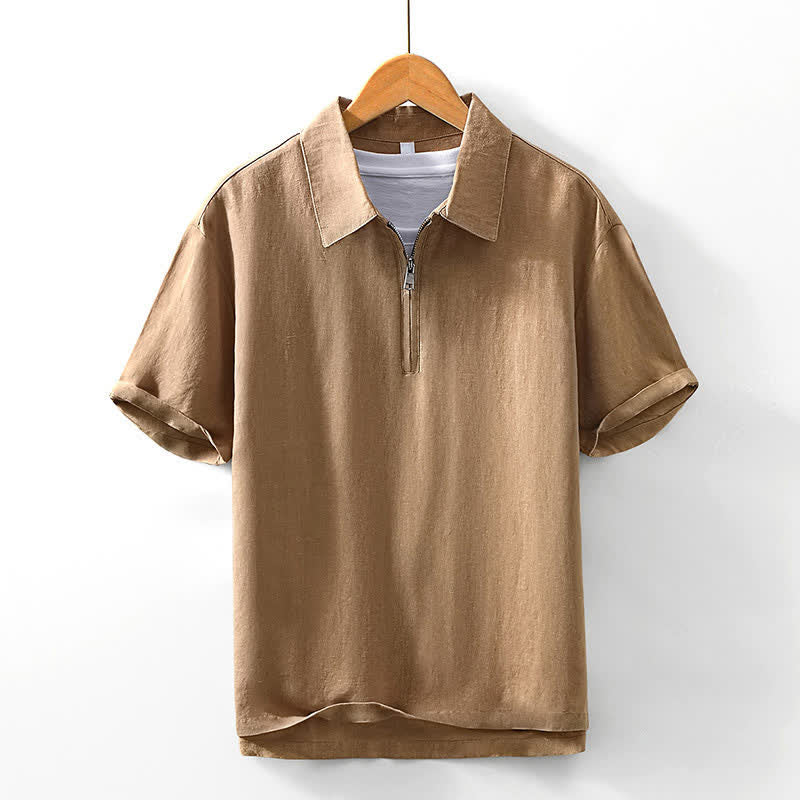 Buddha Stones Chemises d'été minimalistes décontractées à col zippé et manches courtes pour hommes - Terre de sienne - US/UK/AU42，EU52 (3XL) - image 8