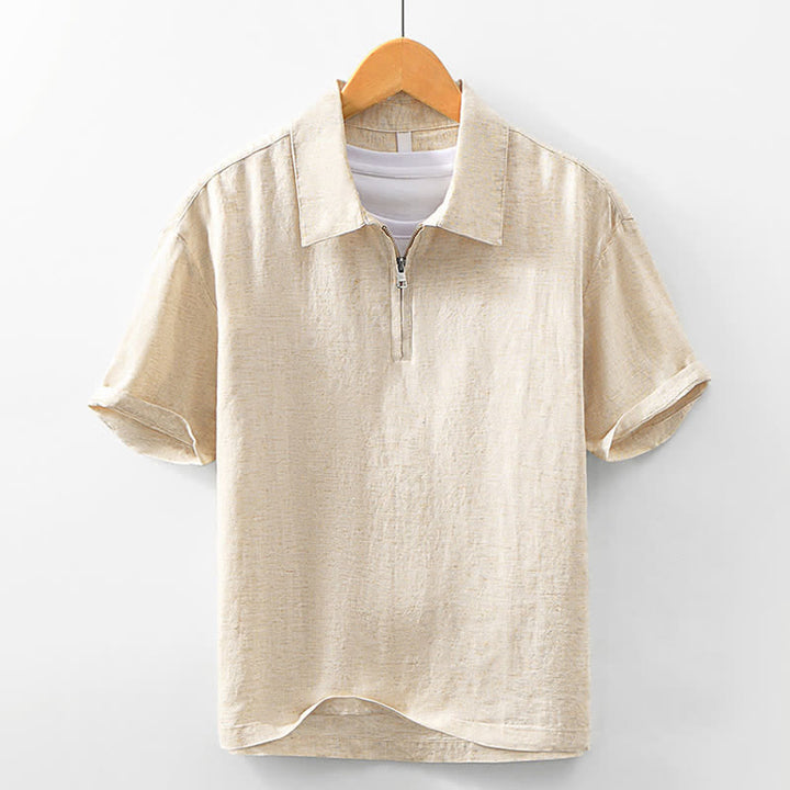 Buddha Stones Chemises d'été minimalistes décontractées à col zippé et manches courtes pour hommes - Blé - US/UK/AU42，EU52 (3XL) - image 0