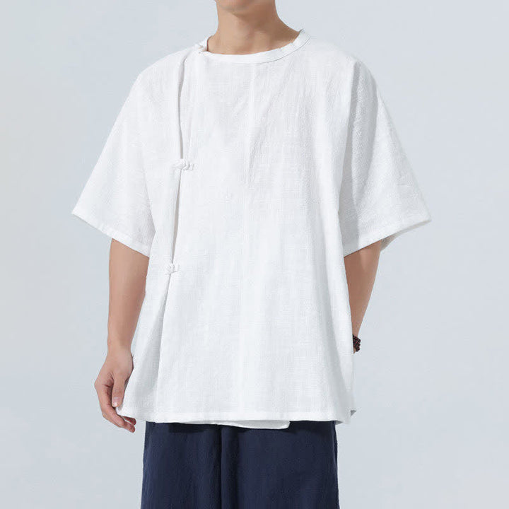 Buddha Stones Chemises à manches courtes pour hommes, style Tang minimaliste, en coton uni, style été, avec boutons grenouille - Blanc - US/UK/AU46，EU56 (5XL) - image 17