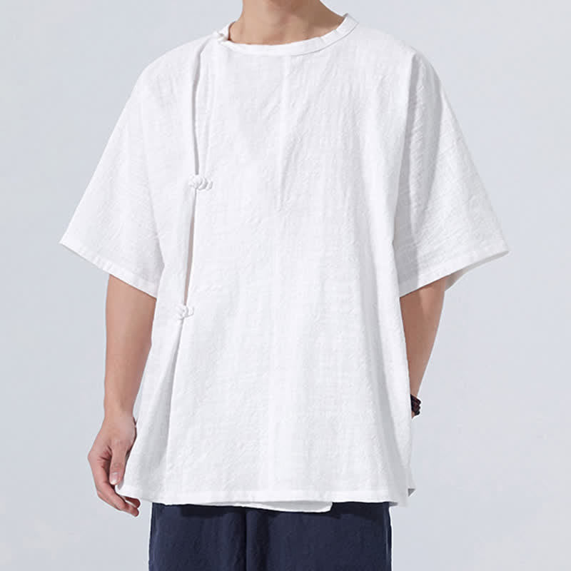 Buddha Stones Chemises à manches courtes pour hommes, style Tang minimaliste, en coton uni, style été, avec boutons grenouille - image 18
