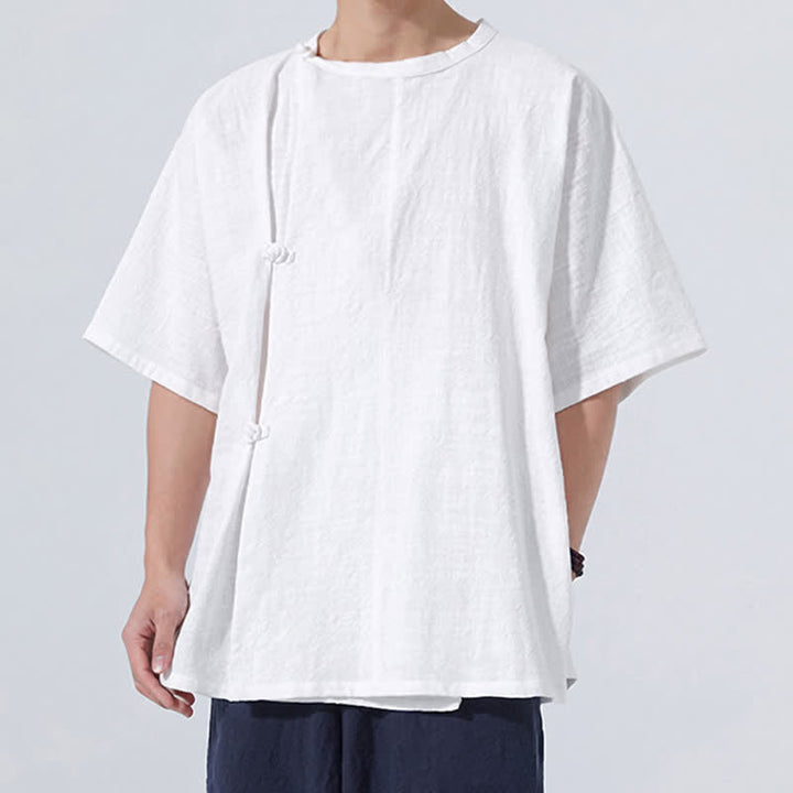 Buddha Stones Chemises à manches courtes pour hommes, style Tang minimaliste, en coton uni, style été, avec boutons grenouille - image 18