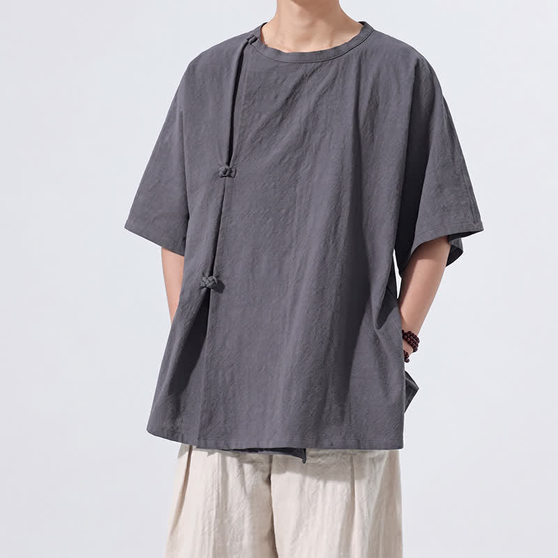 Buddha Stones Chemises à manches courtes pour hommes, style Tang minimaliste, en coton uni, style été, avec boutons grenouille - image 5