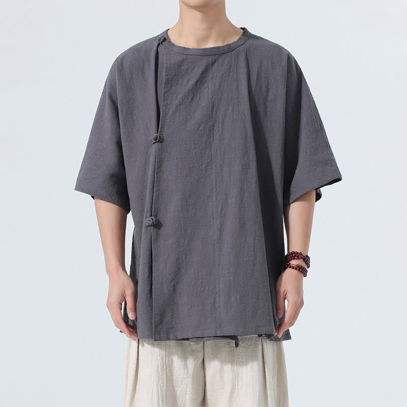Buddha Stones Chemises à manches courtes pour hommes, style Tang minimaliste, en coton uni, style été, avec boutons grenouille - image 1