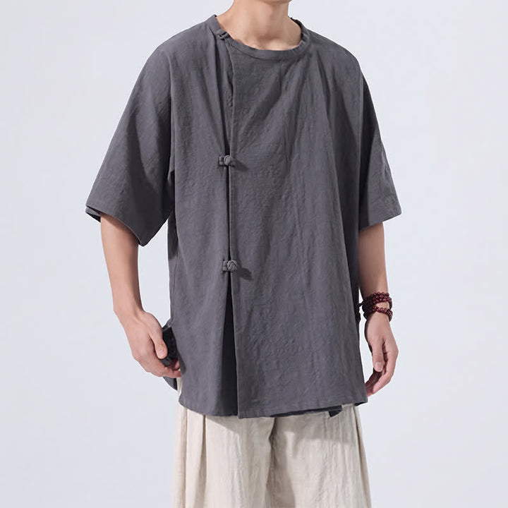 Buddha Stones Chemises à manches courtes pour hommes, style Tang minimaliste, en coton uni, style été, avec boutons grenouille - image 3