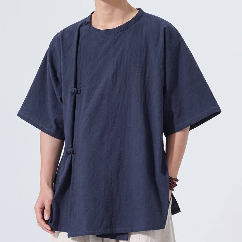 Buddha Stones Chemises à manches courtes pour hommes, style Tang minimaliste, en coton uni, style été, avec boutons grenouille - image 12