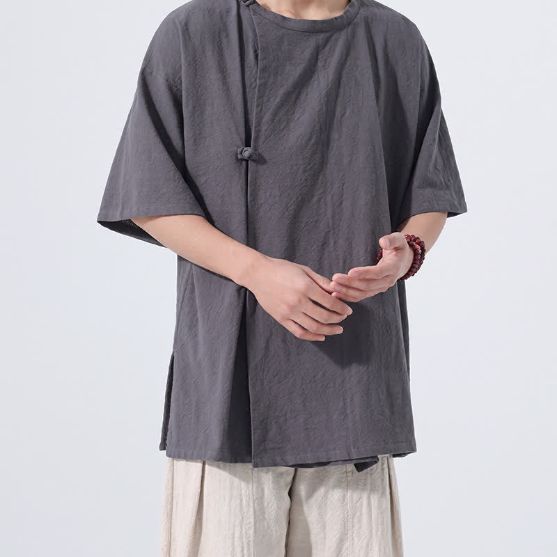 Buddha Stones Chemises à manches courtes pour hommes, style Tang minimaliste, en coton uni, style été, avec boutons grenouille - image 4