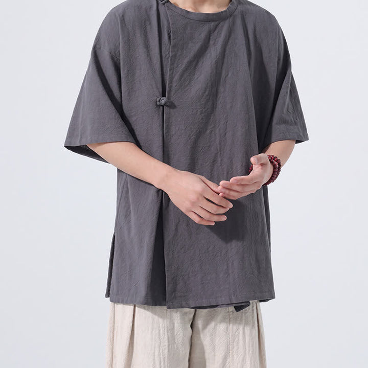 Buddha Stones Chemises à manches courtes pour hommes, style Tang minimaliste, en coton uni, style été, avec boutons grenouille - image 4