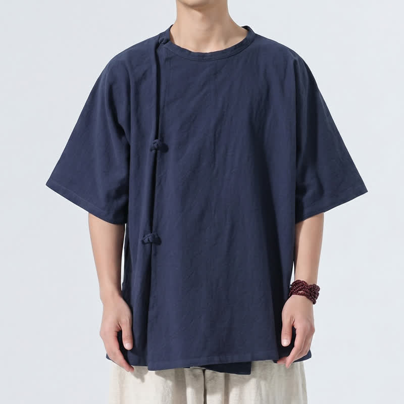 Buddha Stones Chemises à manches courtes pour hommes, style Tang minimaliste, en coton uni, style été, avec boutons grenouille - image 8