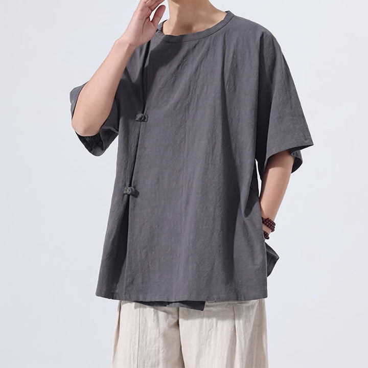 Buddha Stones Chemises à manches courtes pour hommes, style Tang minimaliste, en coton uni, style été, avec boutons grenouille - image 6