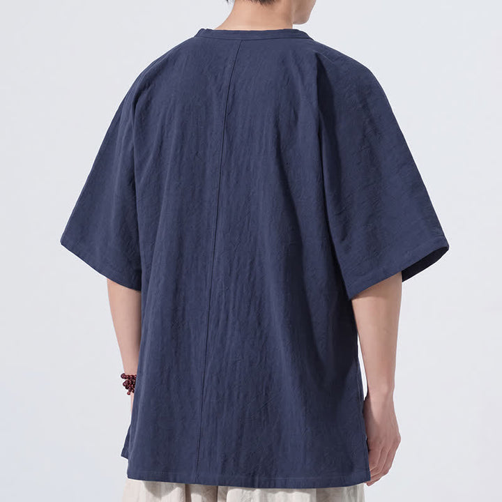 Buddha Stones Chemises à manches courtes pour hommes, style Tang minimaliste, en coton uni, style été, avec boutons grenouille - image 13