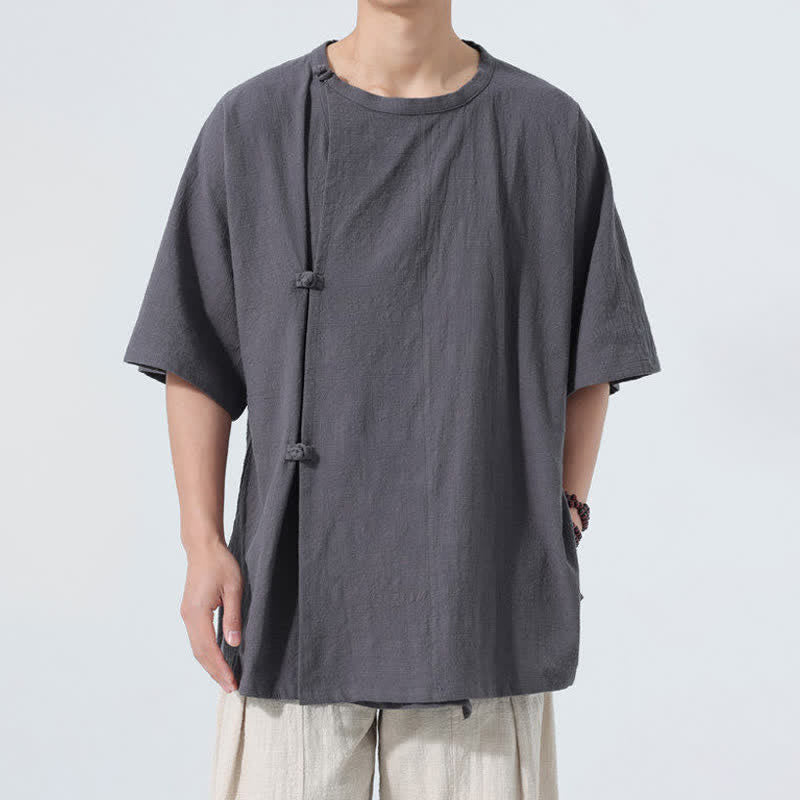 Buddha Stones Chemises à manches courtes pour hommes, style Tang minimaliste, en coton uni, style été, avec boutons grenouille - Gris terne - US/UK/AU46，EU56 (5XL) - image 0