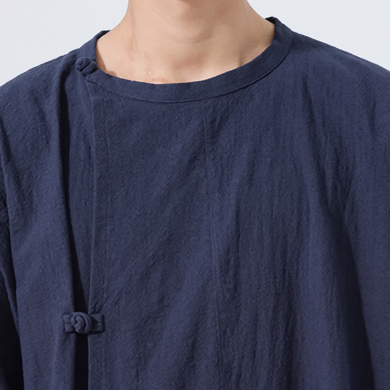 Buddha Stones Chemises à manches courtes pour hommes, style Tang minimaliste, en coton uni, style été, avec boutons grenouille - image 14