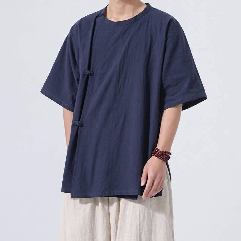 Buddha Stones Chemises à manches courtes pour hommes, style Tang minimaliste, en coton uni, style été, avec boutons grenouille - image 10