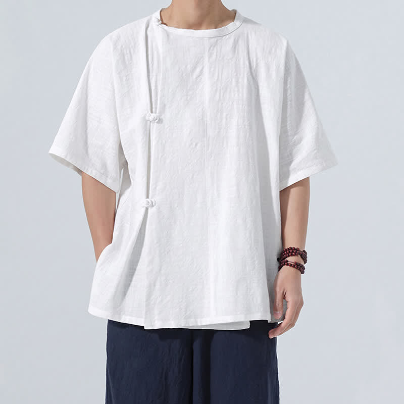 Buddha Stones Chemises à manches courtes pour hommes, style Tang minimaliste, en coton uni, style été, avec boutons grenouille - image 19
