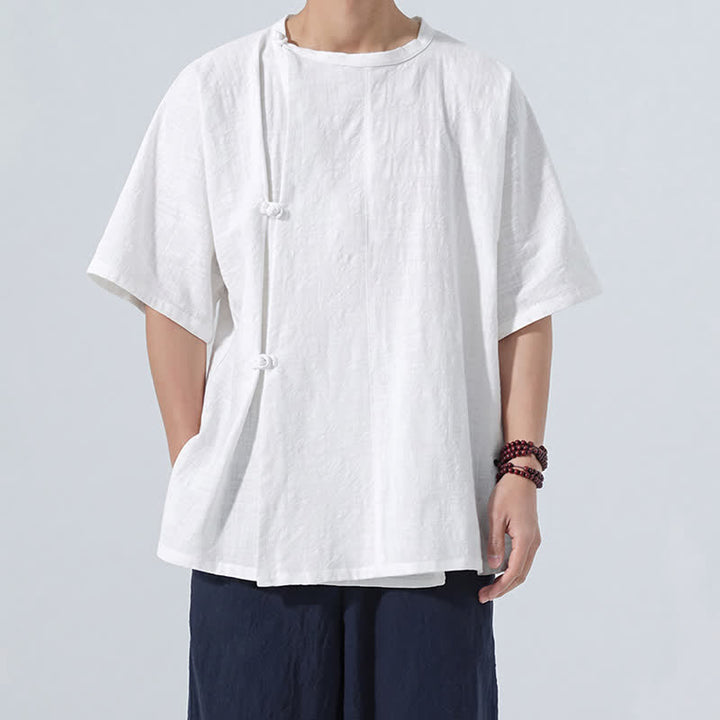 Buddha Stones Chemises à manches courtes pour hommes, style Tang minimaliste, en coton uni, style été, avec boutons grenouille - image 19