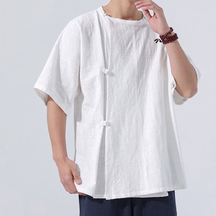 Buddha Stones Chemises à manches courtes pour hommes, style Tang minimaliste, en coton uni, style été, avec boutons grenouille - image 22