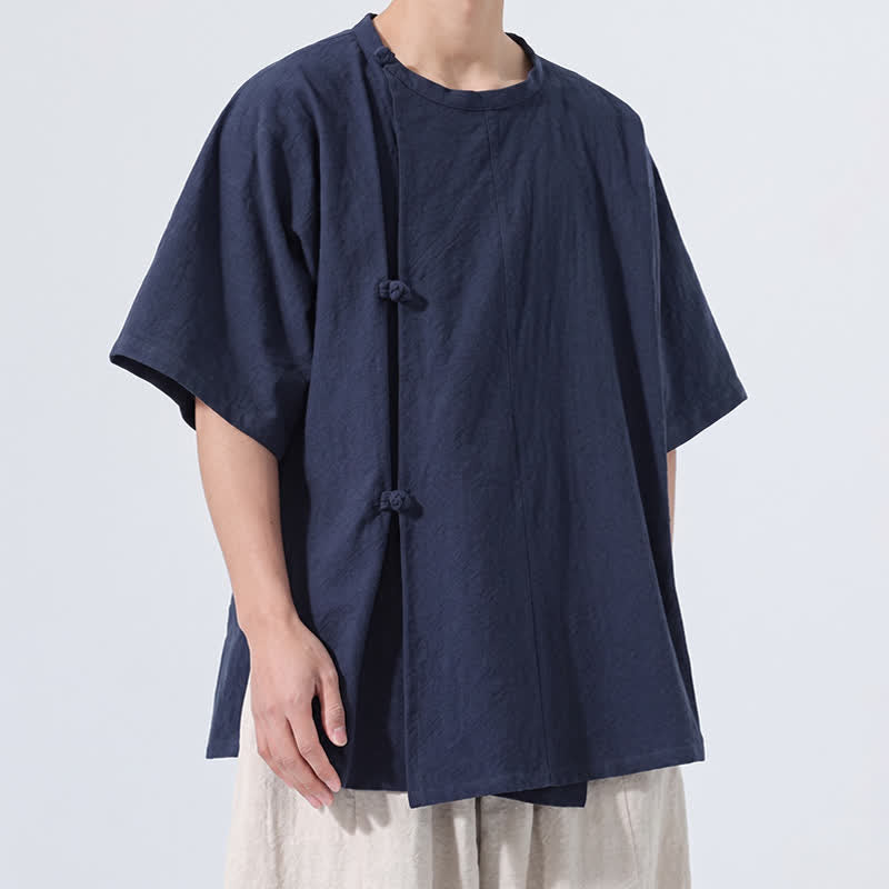 Buddha Stones Chemises à manches courtes pour hommes, style Tang minimaliste, en coton uni, style été, avec boutons grenouille - image 9