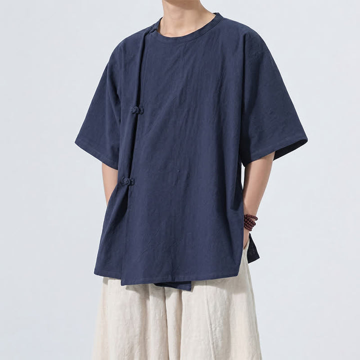Buddha Stones Chemises à manches courtes pour hommes, style Tang minimaliste, en coton uni, style été, avec boutons grenouille - image 11