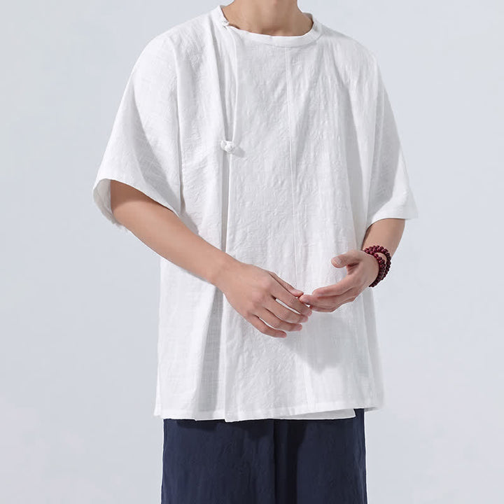 Buddha Stones Chemises à manches courtes pour hommes, style Tang minimaliste, en coton uni, style été, avec boutons grenouille - image 20