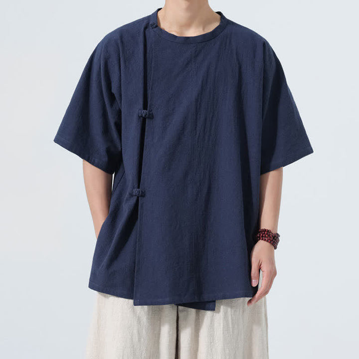 Buddha Stones Chemises à manches courtes pour hommes, style Tang minimaliste, en coton uni, style été, avec boutons grenouille - Bleu nuit - US/UK/AU46，EU56 (5XL) - image 7