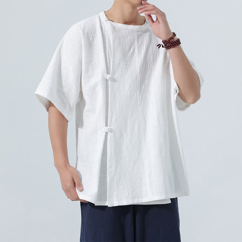 Buddha Stones Chemises à manches courtes pour hommes, style Tang minimaliste, en coton uni, style été, avec boutons grenouille - image 21