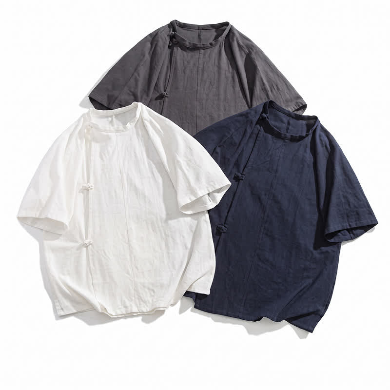Buddha Stones Chemises à manches courtes pour hommes, style Tang minimaliste, en coton uni, style été, avec boutons grenouille - image 23