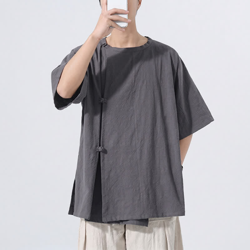 Buddha Stones Chemises à manches courtes pour hommes, style Tang minimaliste, en coton uni, style été, avec boutons grenouille - image 2