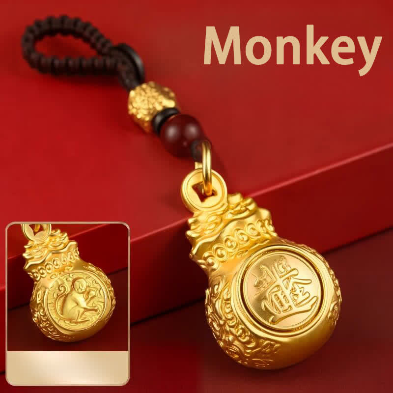 Buddha Stones Porte-clés « Faites fortune chaque jour » en cuivre doré, avec pièces de monnaie et symboles du zodiaque chinois - Singe - image 25