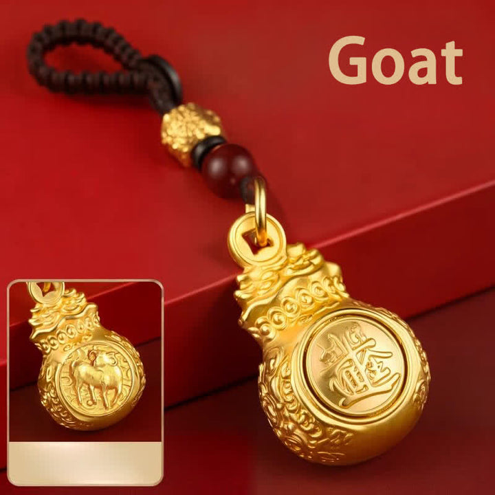 Buddha Stones Porte-clés « Faites fortune chaque jour » en cuivre doré, avec pièces de monnaie et symboles du zodiaque chinois - Chèvre - image 24