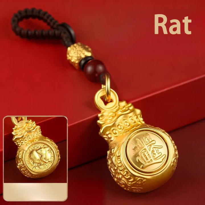 Buddha Stones Porte-clés « Faites fortune chaque jour » en cuivre doré, avec pièces de monnaie et symboles du zodiaque chinois - Rat - image 0