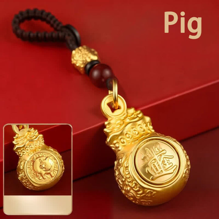 Buddha Stones Porte-clés « Faites fortune chaque jour » en cuivre doré, avec pièces de monnaie et symboles du zodiaque chinois - Cochon - image 28
